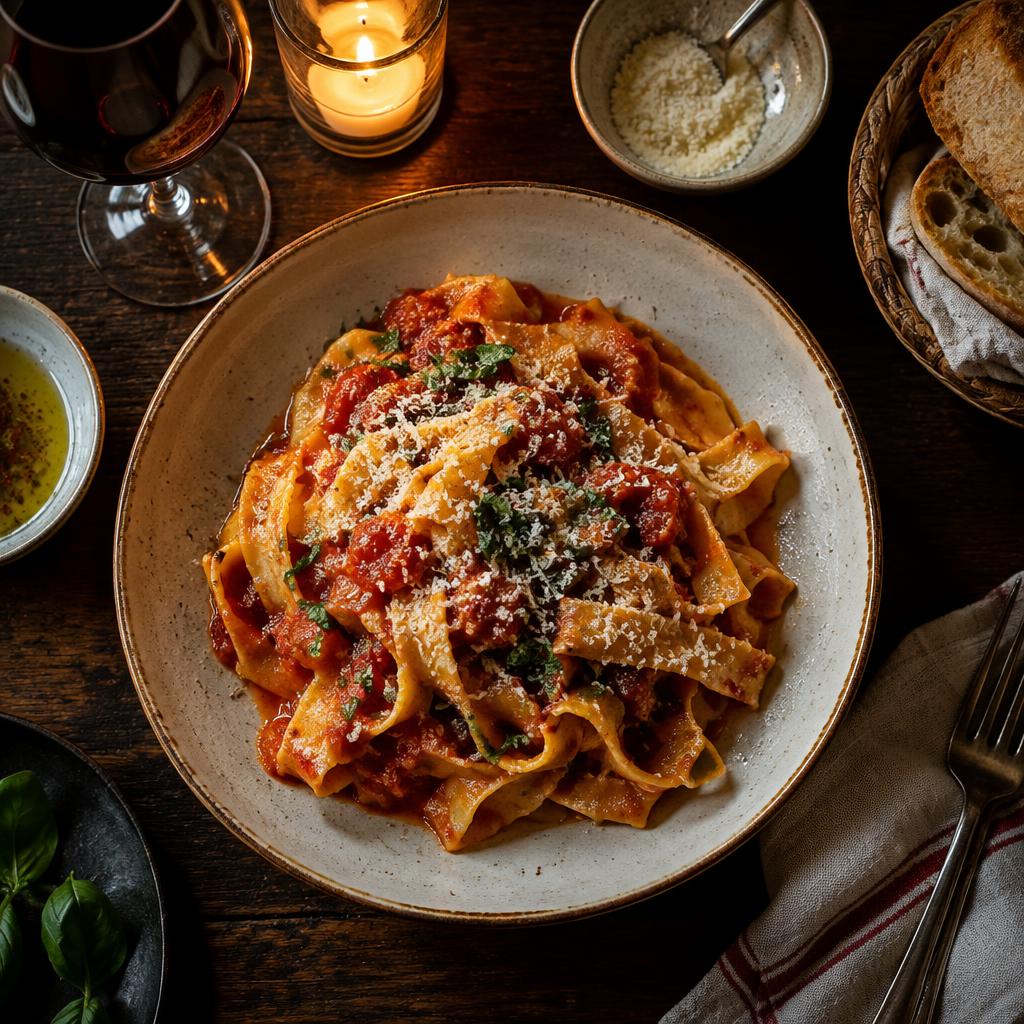 Italian pasta served at a candlelit table